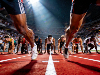 田径百米飞人大战起跑瞬间 - 运动员蓄势待发